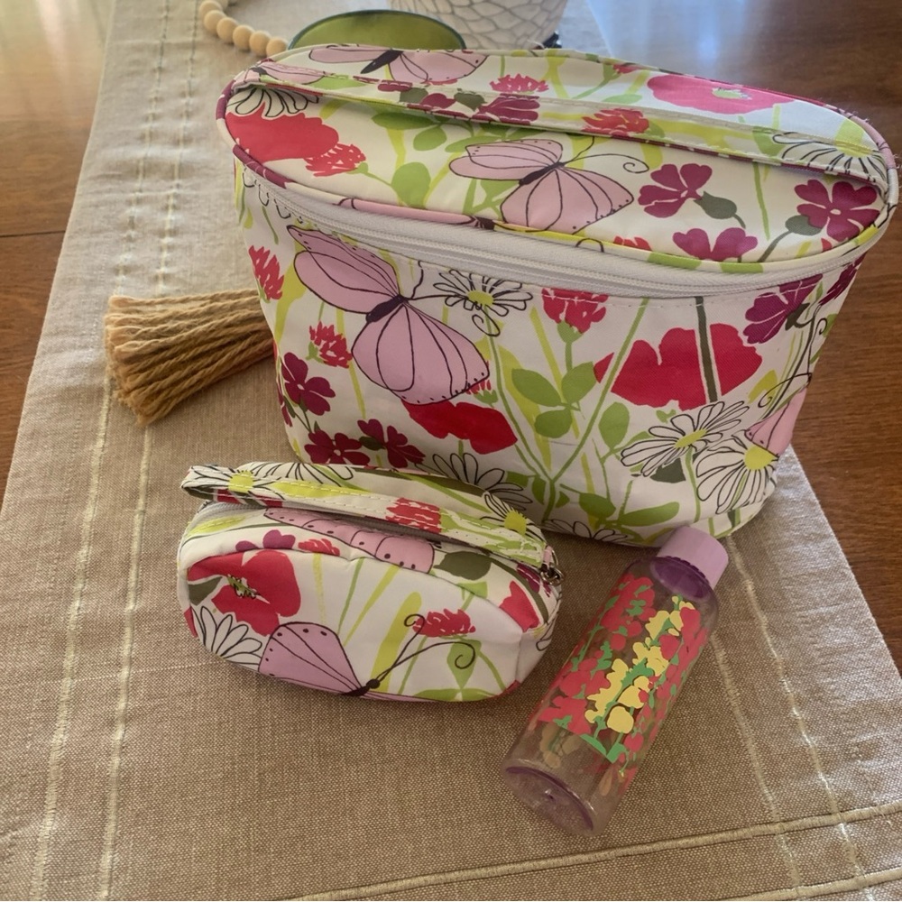 Clinique Cosmetic Makeup Bag Flowers Butterflies Train Case w Handle + Small Bag
